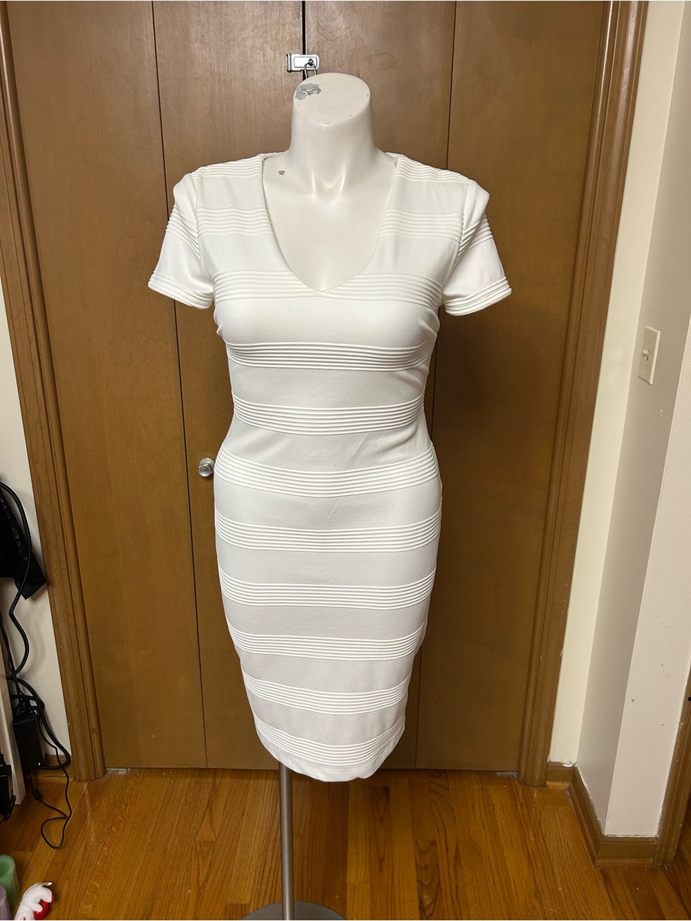 Premier White Ribbed V-Neck Midi Dress